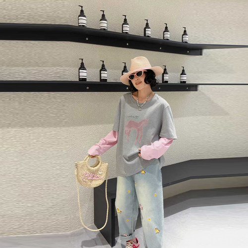 胖妹妹拼色长袖圆领假两件上衣