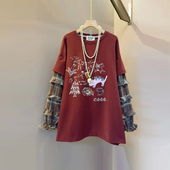 胖妹妹拼格子长袖 宽松遮肚子百搭减龄卫衣 女装 假两件上衣韩版 大码