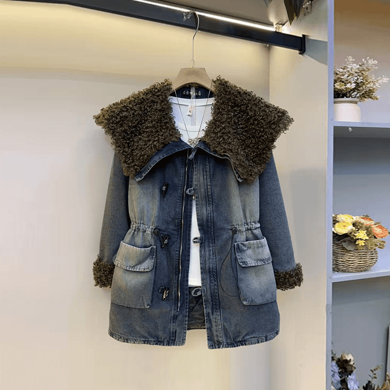 毛毛披肩领收腰牛仔棉服外套