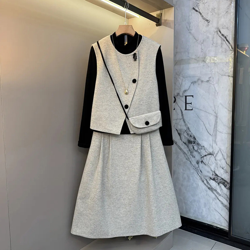 斜襟马甲高领长袖打底衫半身裙