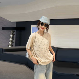 韩版 小众设计胖妹妹减龄休闲上衣 针织衫 加肥女菱形格亮钻圆领短袖
