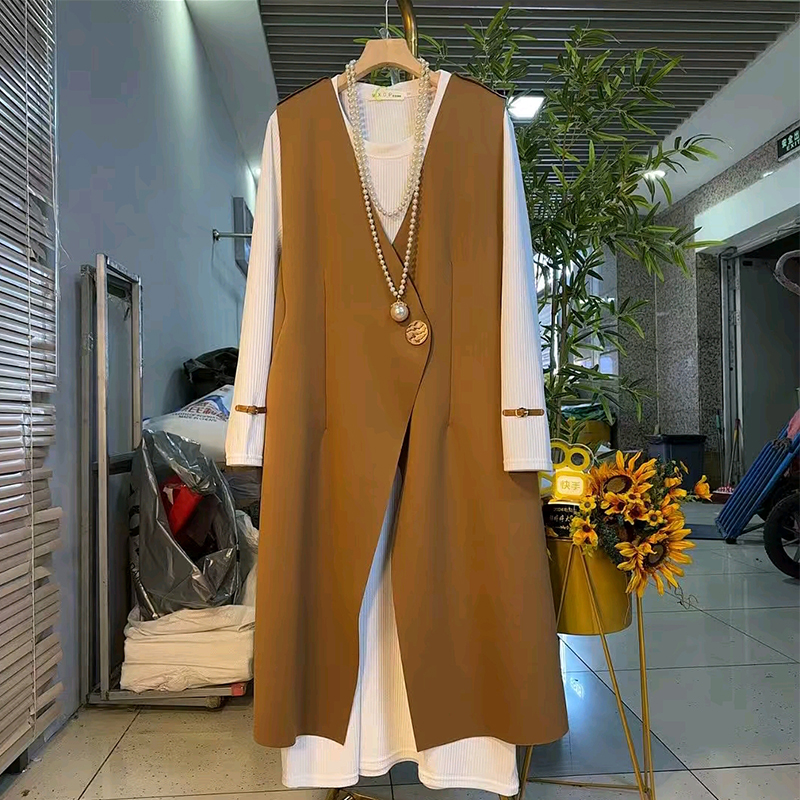 扣带袖口高领连衣裙长款马甲