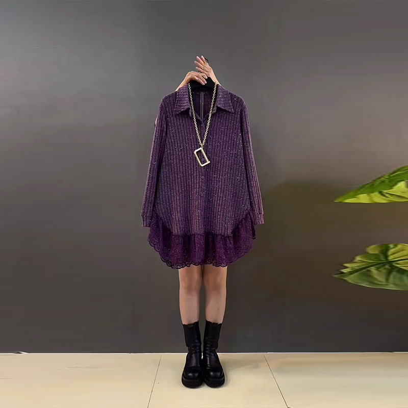 翻领拼接蕾丝底摆长袖大衫