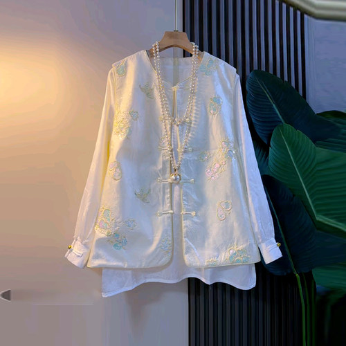 盘扣袖口小衫圆领刺绣花国风马甲