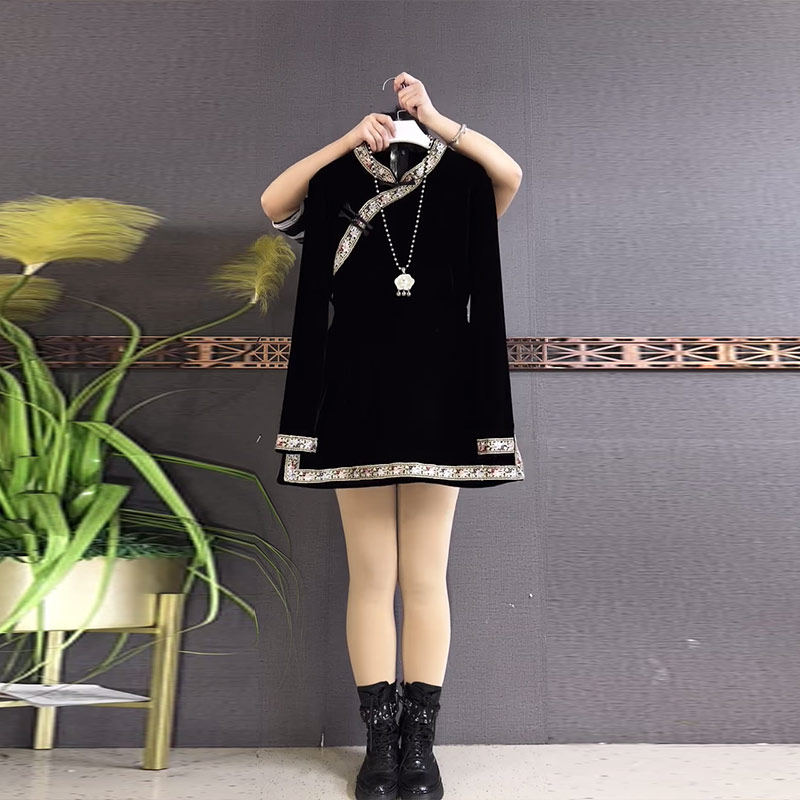 胖MM洋气立领拼色边盘扣长袖旗袍裙加肥大码女装中长款显瘦连衣裙,女装/女士精品,大码连衣裙,淘宝优惠券,粉丝福利购,淘宝优惠卷