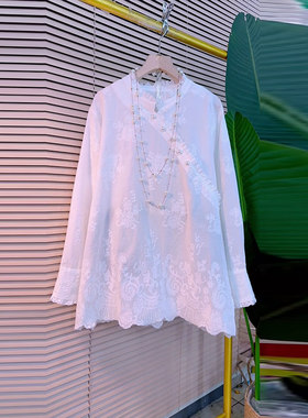 加肥女荷叶立领斜襟长袖暗花衬衫宽松遮肚子胖妹妹白色小清新上衣