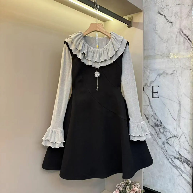 娃娃领微喇袖口小衫两件套马甲裙