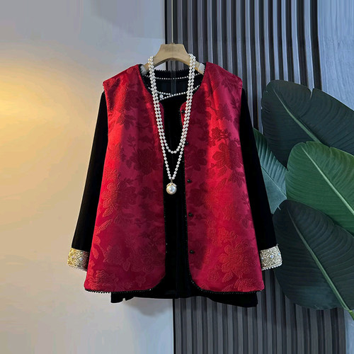 拼色袖圆领小衫圆领暗花国风马甲