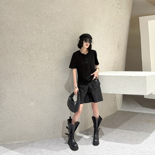 大码女装前纽扣圆领短袖上衣