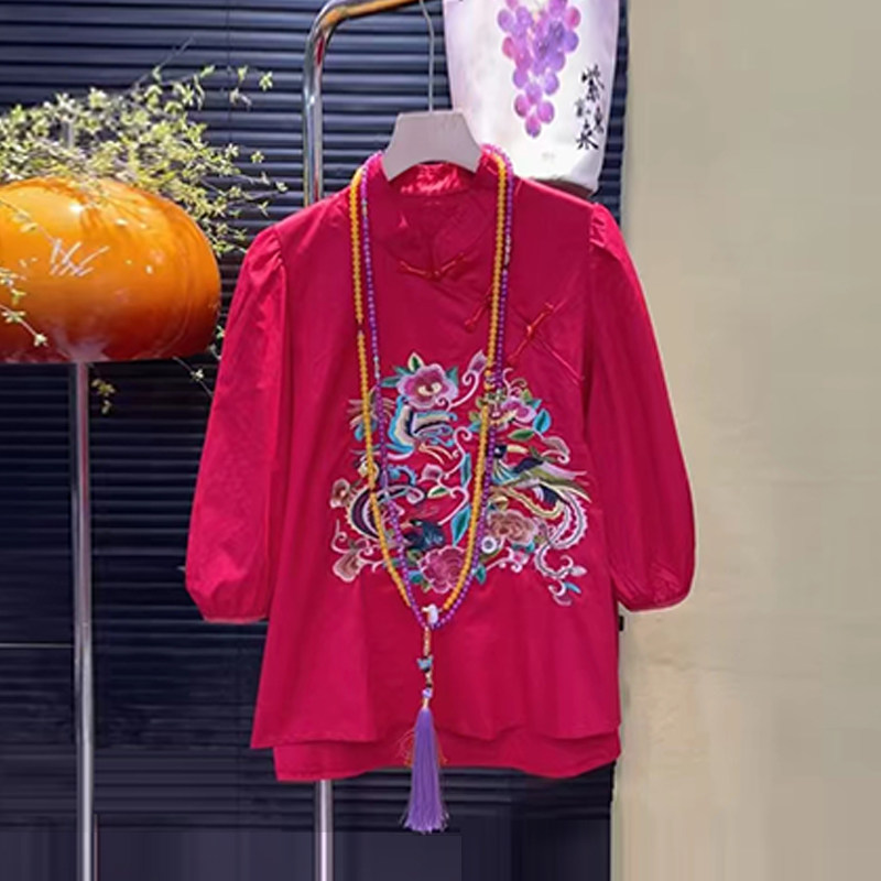 加肥女立领斜襟盘扣刺绣图案上衣宽松遮肚子胖妹妹复古风时尚小衫,女装/女士精品,大码内搭,淘宝优惠券,粉丝福利购,淘宝优惠卷