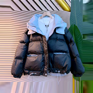 宽松遮肚子短款 女装 面包服外套 棉服加肥大码 胖妹妹连帽底抽绳长袖