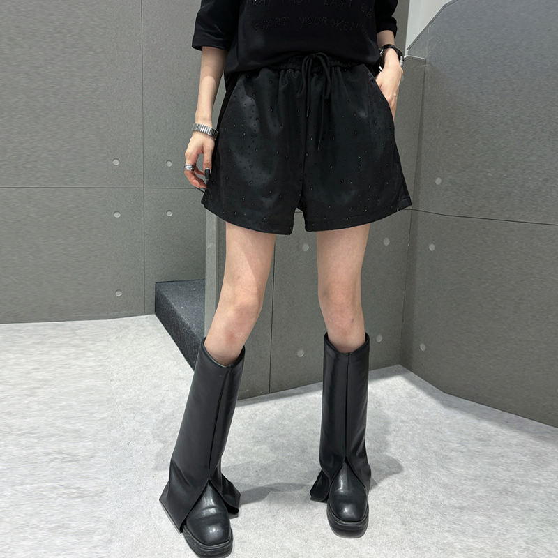 松紧腰系带阔腿亮钻短裤裤子