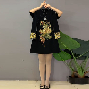 复古风长袖 时尚 改良旗袍裙胖妹妹立领凤凰图案连衣裙 女装 加肥大码