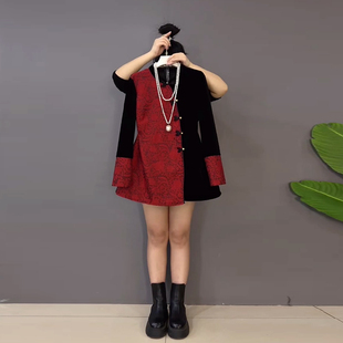 加肥拼色花纹AB版长袖上衣大码女装法式气质小众设计洋气复古外套