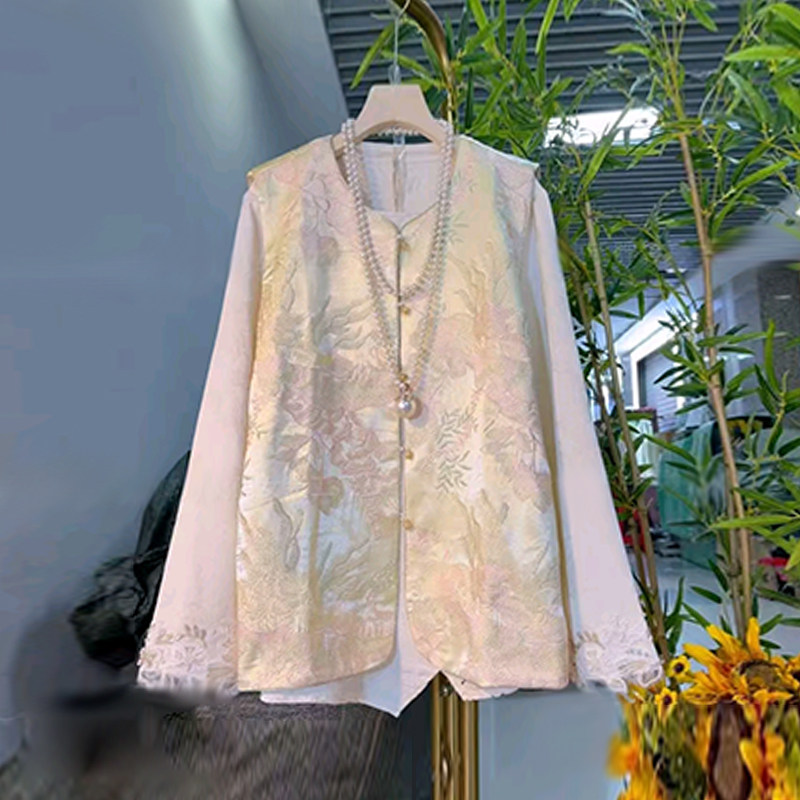 大码女装新中式花纹国风马甲胖妹妹韩版气质显瘦百搭蕾丝袖口小衫,女装/女士精品,大码内搭,淘宝优惠券,粉丝福利购,淘宝优惠卷