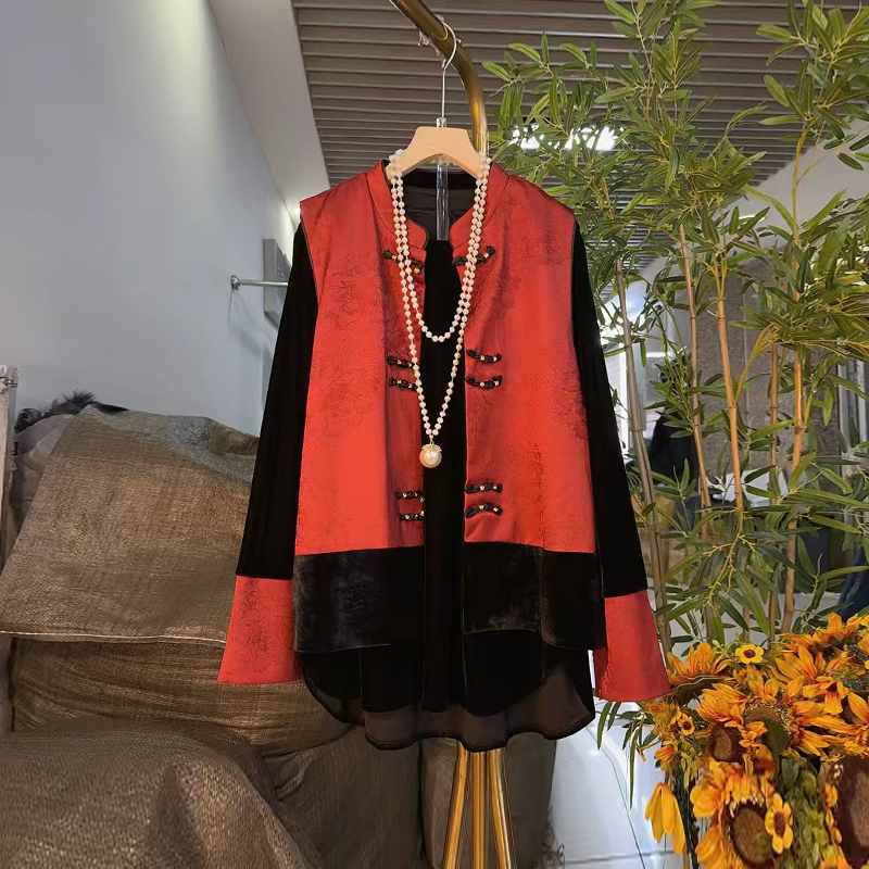 立领暗花盘扣马甲（两件套打底衫