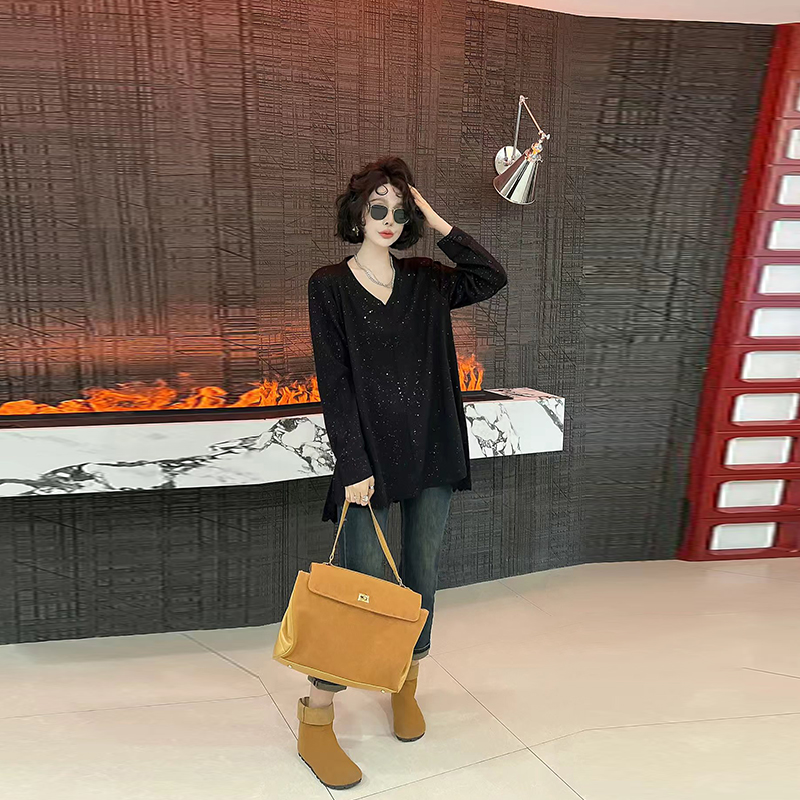 大码女装V领满天星亮钻上衣