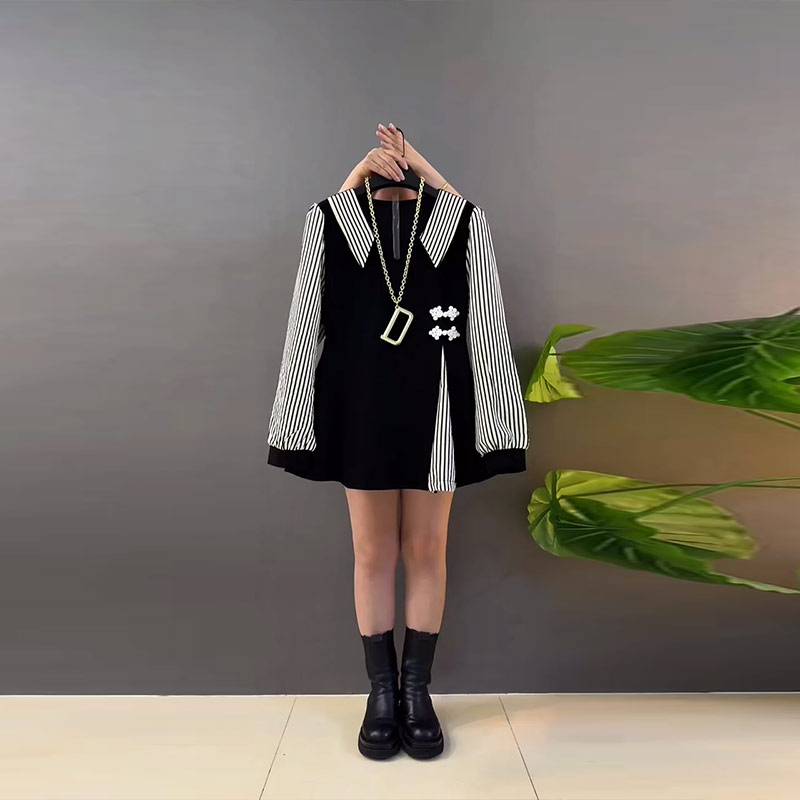 拼色条纹翻领侧盘扣上衣