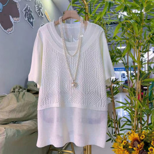 针织衫 拼马甲圆领短袖 胖妹妹宽松百搭遮肚子假两件上衣 女装 加大码