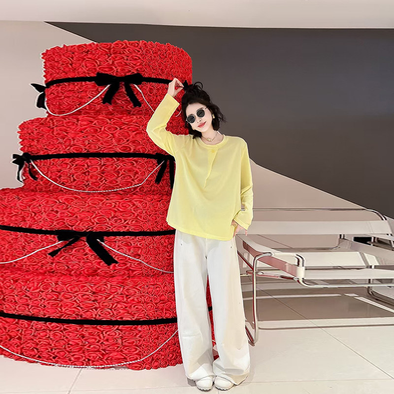 加肥大码女装压褶纽扣圆领长袖小衫胖妹妹糖果色减龄甜美休闲上衣