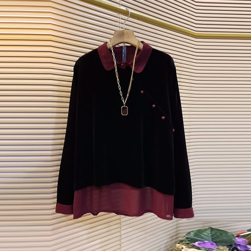 拼色翻领底摆长袖上衣小衫