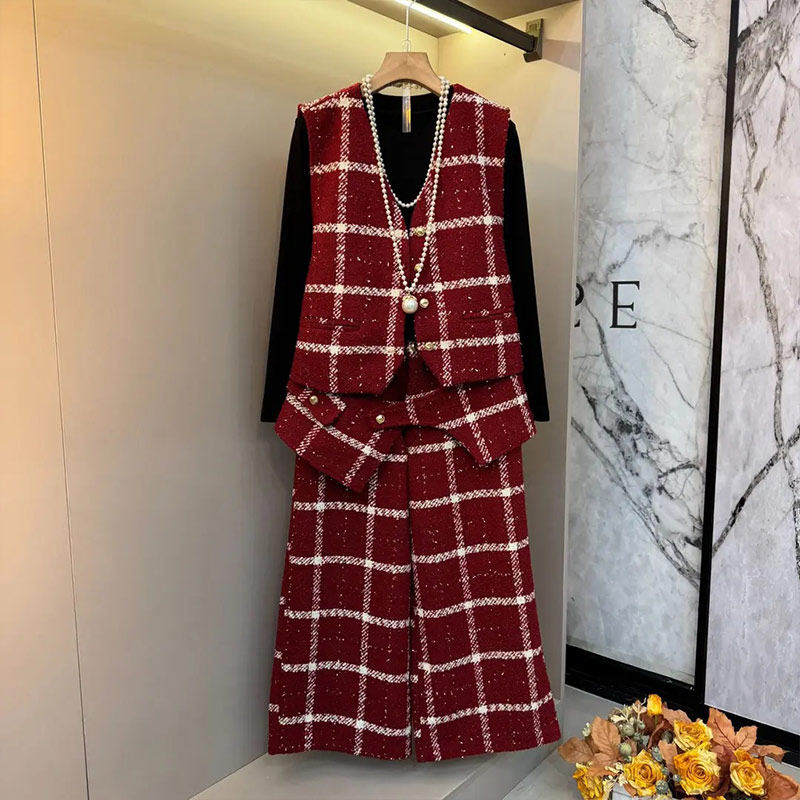 胖妹妹V领格子蝴蝶结马甲高领长袖打底衫阔腿裤气质设计感三件套,女装/女士精品,大码套装,淘宝优惠券,粉丝福利购,淘宝优惠卷