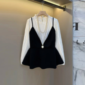 假两件上衣韩版 款 大码 加肥拼色蕾丝长袖 女装 秋季 洋气小众设计小衫