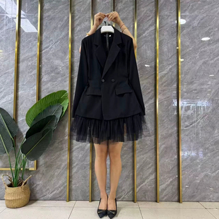 大码女装网纱裙摆翻领长袖连衣裙胖妹妹气质通勤风中长款显瘦裙子