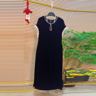 加肥女拼色袖口钉珠领连衣裙胖妹妹夏季款黑色显瘦复古风长款裙子