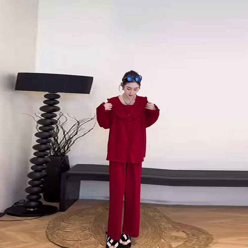 大码女装圆领荷叶肩长袖上衣阔腿长裤家居胖妹妹新年款红色两件套,女装/女士精品,大码套装,淘宝优惠券,粉丝福利购,淘宝优惠卷