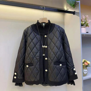 简约设计感百搭轻薄棉外套 女装 加肥圆领菱形格棉服2025秋冬款 大码
