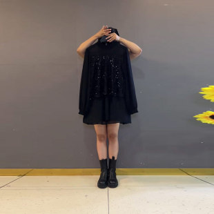 大码女装立领长袖亮片小衫胖妹妹气质轻熟风黑色显瘦宽松百搭上衣