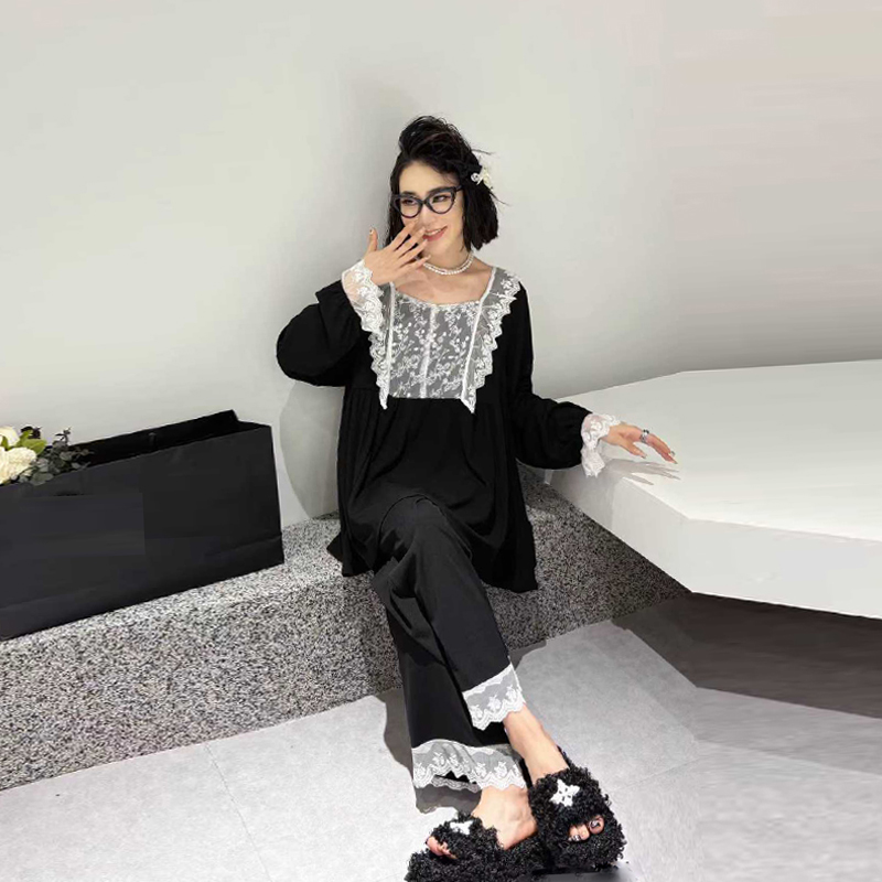 微喇袖口圆领上衣松紧腰长裤套装