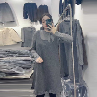 胖妹妹系带领长袖打底衫马甲裙大码女装韩版气质显瘦秋冬款两件套