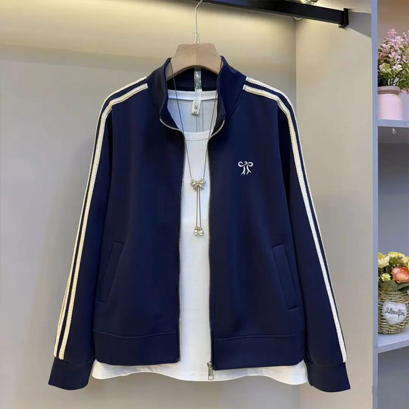 大码女装立领蝴蝶结袖拼条外套