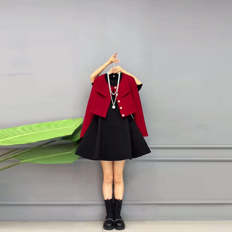 长袖开衫短款外搭立领长袖连衣裙