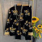 脚丝绒裤 加肥圆领拼色袖 口刺绣花朵国风外套胖妹妹松紧腰盘扣裤 子