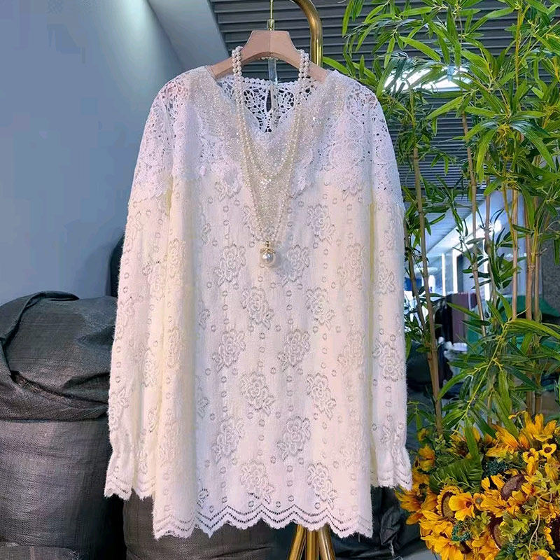 大码女装V领长袖蕾丝小衫