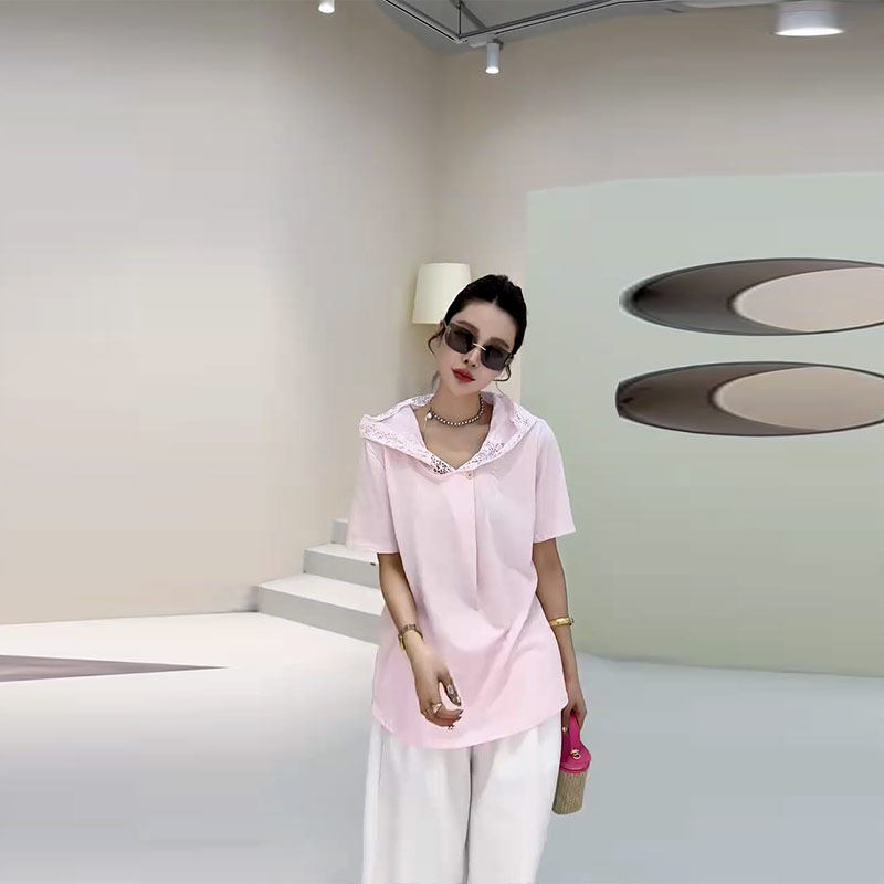 加肥女连帽蕾丝边短袖上衣韩版糖果色百搭简约百搭休闲胖妹妹小衫