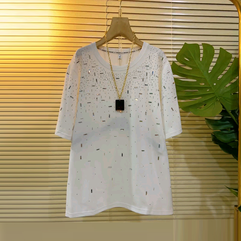 大码女装圆领短袖亮钻上衣