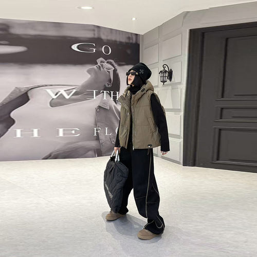 大码女装连帽底抽绳棉马甲