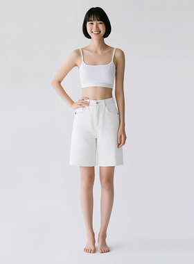春夏女士自然腰黑色白色中厚棉质宽松休闲百搭5分长直筒短裤13b款