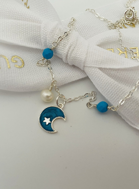 儿童项链锁骨链s925银蓝色滴油月亮珍珠原创设计亲子项链定做
