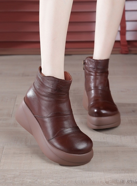 9083三横厚底靴软底民族风短靴松糕鞋踝靴皮靴妈妈鞋复古原创森女