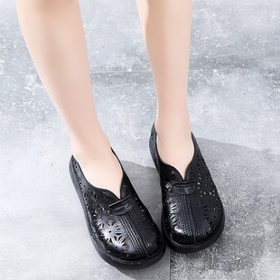 876厚底洞洞凉鞋民族风真皮包头镂空凉鞋妈妈鞋春夏新松糕坡跟