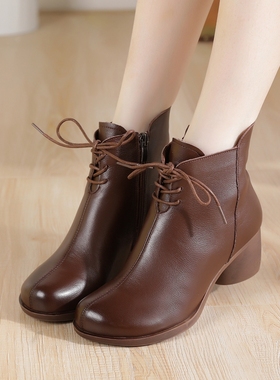 8098中跟系带短靴马丁靴民族风真皮软底秋冬2023新款棉靴复古圆头