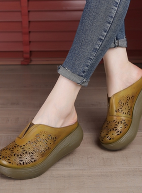 686绿色凉拖鞋软底夏新款镂空花朵鞋真皮厚底松糕鞋复古原创包头