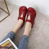 761春民族风复古中粗跟软底单鞋 女手工原创浅口圆头防滑妈妈皮鞋