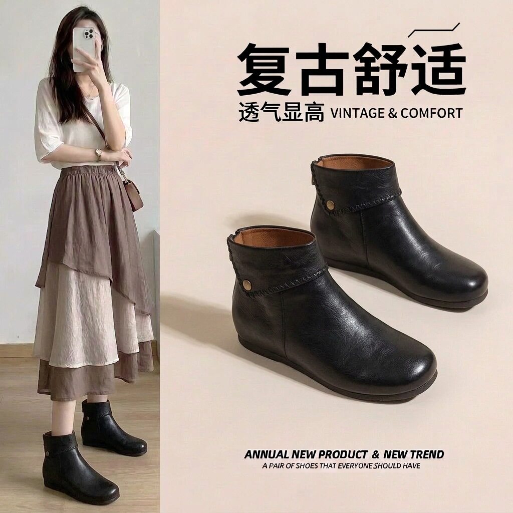 复古英伦风真皮秋冬圆头短靴女低跟侧拉链休闲靴妈妈平跟马丁靴女