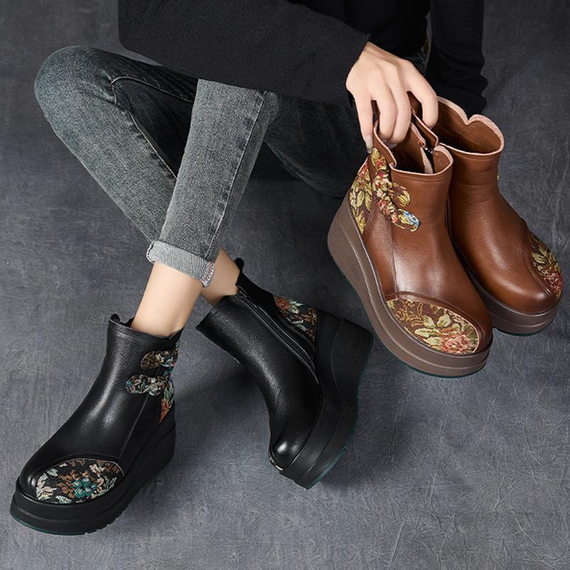 民族风复古真皮短靴加绒保暖